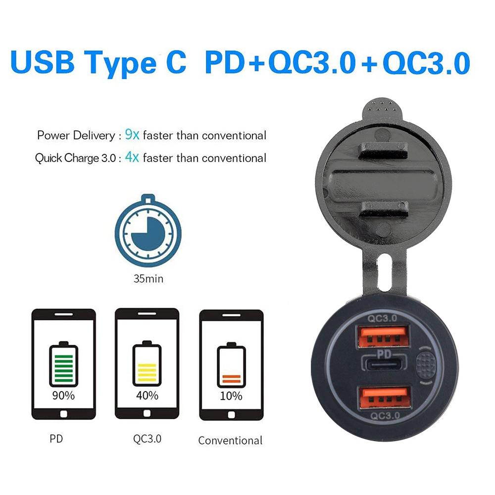 Тройное автомобильное зарядное гнездо QC 3.0 USB Type-C, несколько быстрозарядных адаптеров PD3.0 для грузовиков, мотоциклов с сенсорным переключателем