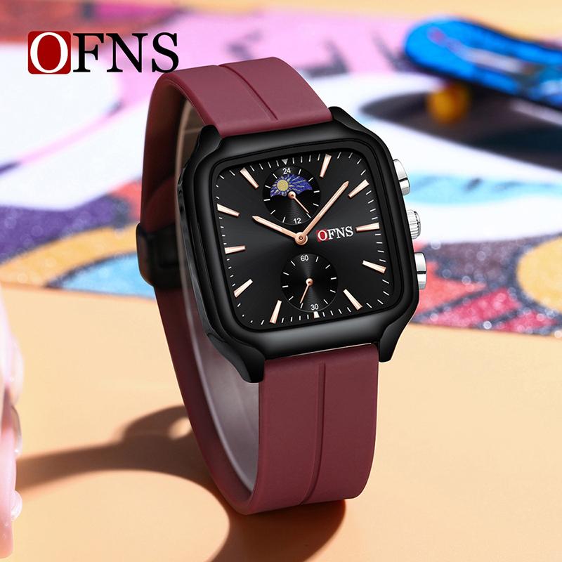 Fashion Ofns 7504 Luxury Moon Phase Women's Silicone Band Watch Casual Analog Young Quartz Watches For Men And Women Student Gif