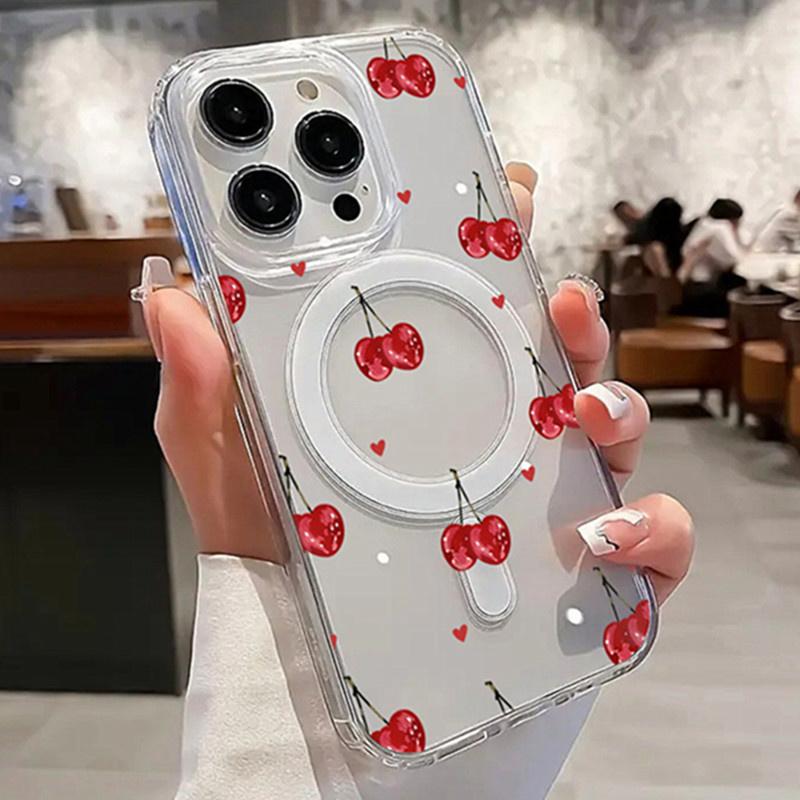 Love Heart Red Cherry Fruit Clear Phone Case For iPhone 17 16 15 14 13 12 11 Pro Max 16E XR X XS 7 8 Plus Magnetic Cover