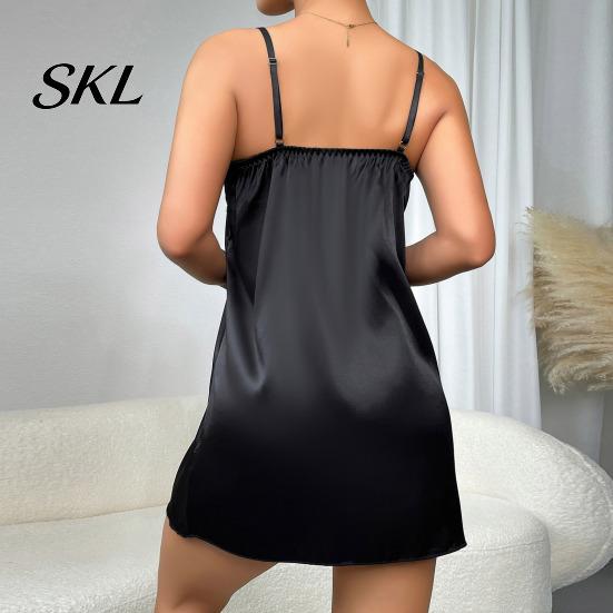 Elegant Nightwear Women Women's Satin Nightgown, Sexy V Neck Chemise Full Nightdress with Suspenders Slip Sleepwear, Sleeveless Sheer Lace Mini