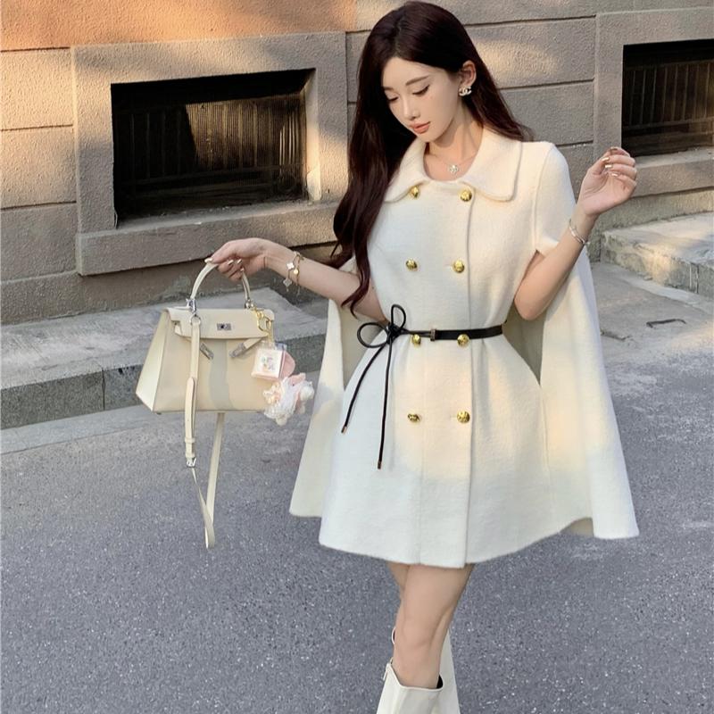 Осень-зима Женское роскошное шерстяное двубортное пальто-накидка с поясом