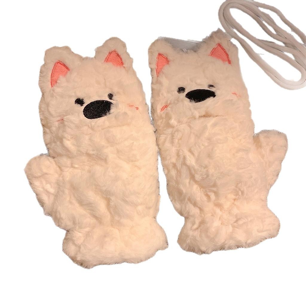 Cute West Highland Plush Flip Fingerless Touch Screen Gloves for Women Winter Warmth Student Writing and Antifreeze New Style