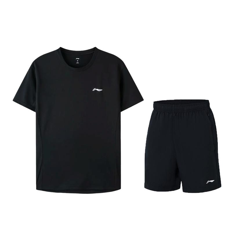 Li-Ning Solid Color Logo Round Neck Quick Dry Breathable Short Sleeve T-Shirt Sports Running Fitness Shorts Set Men Activewear YTST073-2+AKST633-1