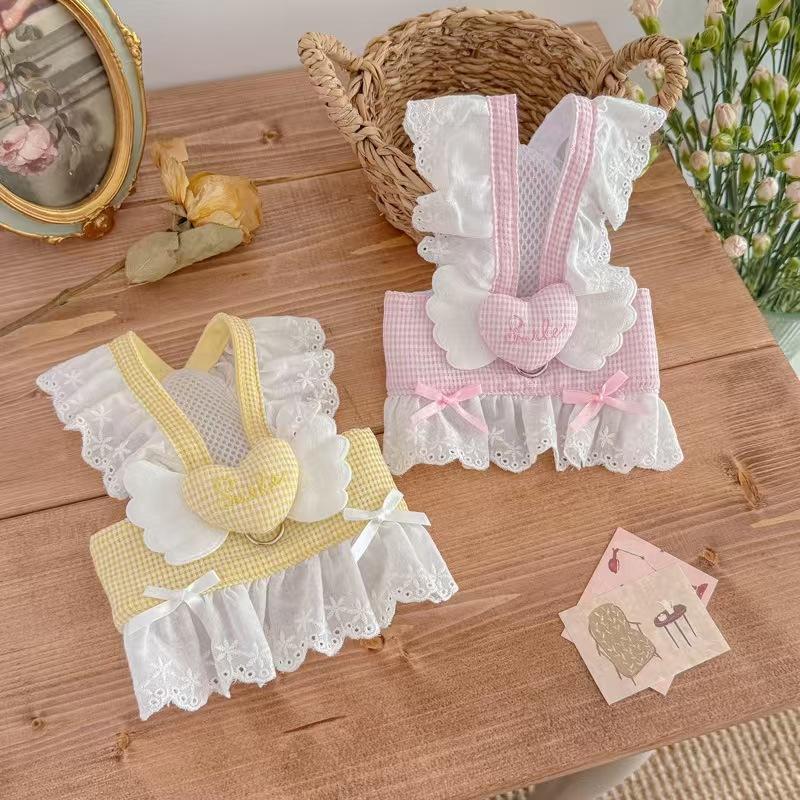 Cute Lace Ruffle Plaid Dog Harnesses Vest 3D Angel Heart Mesh Pet Chest Strap For Small Medium Dog Cat Outdoor Walking Apparel