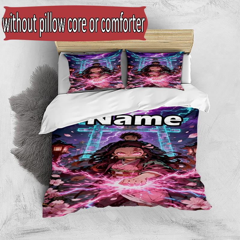 3pcs Duvet Cover Set (1*Duvet Cover + 2*Pillowcase, Without Core), Custom Name Demon Slayer Pattern Bedding Set, Home Bedroom Decor Gift