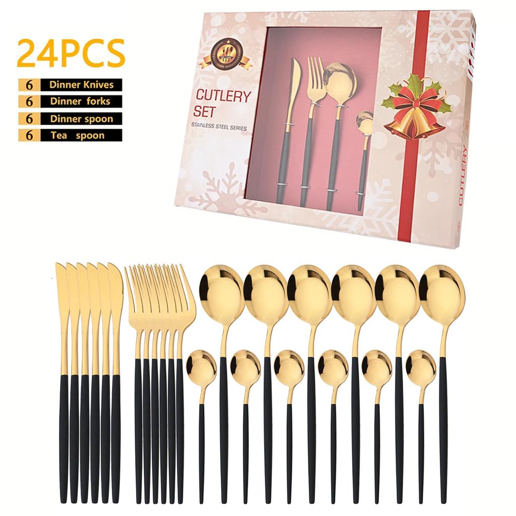 24 шт. набор столовых приборов из нержавеющей стали Blacak Gold, нож вилка и ложка в западном стиле, столовые приборы для ресторанов с подарочной коробкой, подходит для подарков
