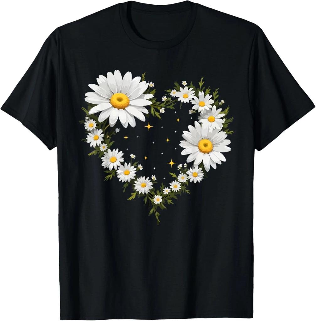 Heart With Daisy Flowers, Daisies With Heart Outline Unisex T-Shirt Sizes S-5XL