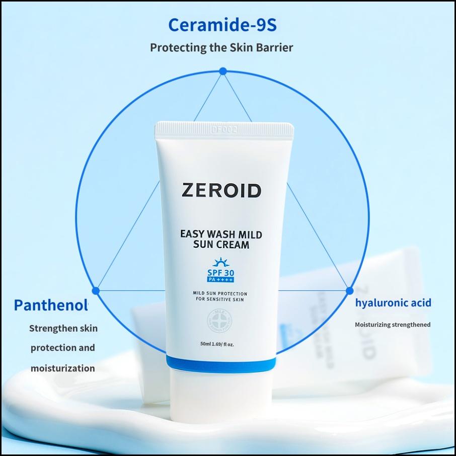 ZEROID Мягкий солнцезащитный крем Easywash 50 мл, мягкий ежедневный солнцезащитный крем для чувствительной кожи SPF30 PA++++