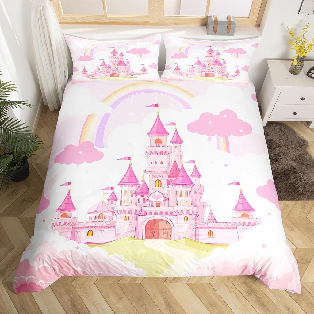 Пододеяльник с изображением радужного замка King Queen Kids Girls Cartoon Girly Комплект постельного белья Princess Castle, пододеяльник для спальни, покрывало