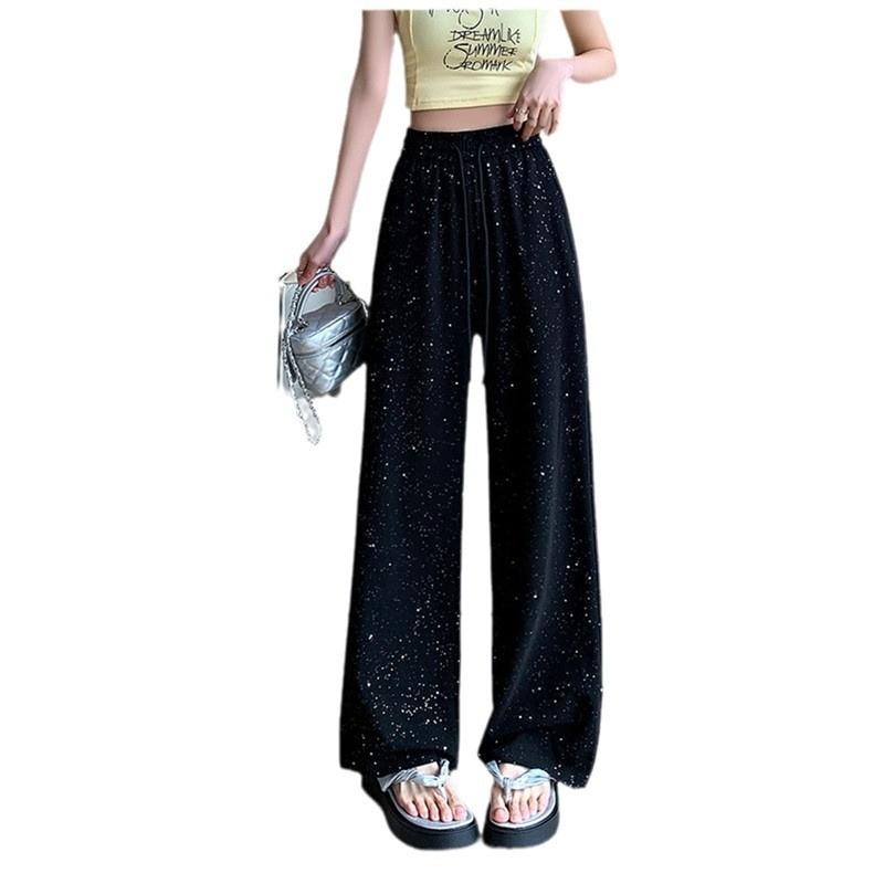 Crystal Embellished Wide Leg Pants With High Waist For Summer Casual Wear