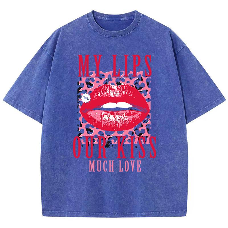Женские футболки с кислотной стиркой Мои губы Наш поцелуй Принт с буквами Футболки Удобные топы оверсайз Уличная женская одежда