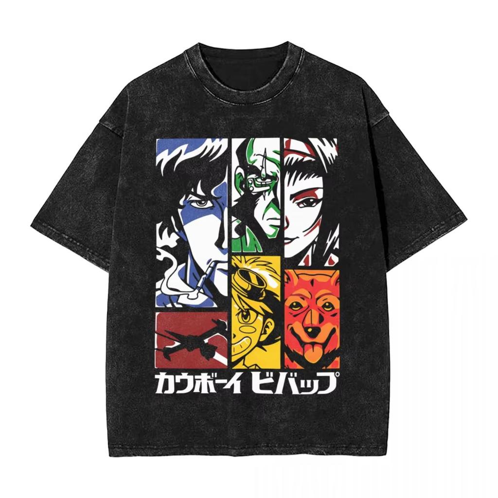 Manga Cowboy Bebop Spike Spiegel Graphic T-Shirt Vintage Washed Oversized Short Sleeve Cotton Y2K Retro Harajuku Unisex Streetwear Summer Top Casual