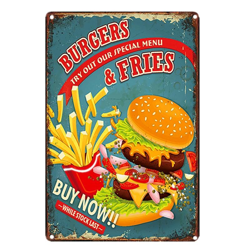 Shabby Chic Vintage Metal Tin Signs BBQ Fast Food Hamburger Cupcake Pop Corn Hot Dog Wall Decor for Kitchen Cafe Diner Bar