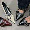 Fashion Fashion Metal Buckle Strap Design Women Pumps Sexy Pointed Toe Low Heel Muels Shoes High Quality Leather Heels Zapatos De Mujer