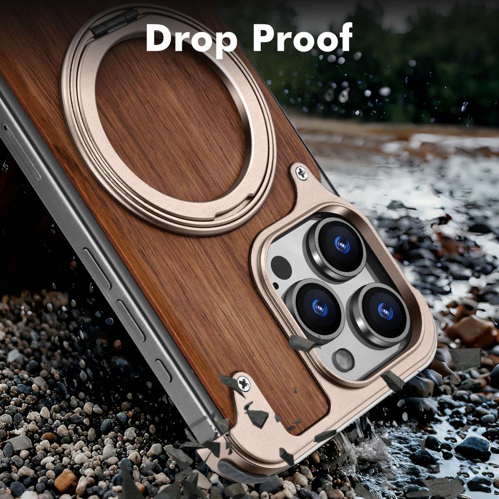 Чехол из цельного дерева Eary для iPhone 17 16 15 14 Pro Max с поддержкой Magsafe, 360° вращающаяся подставка, магнитный, ударопрочный, защитный чехол