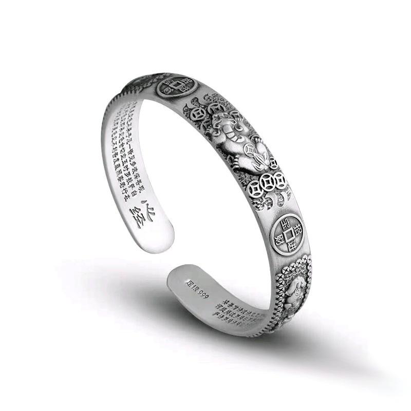 Thai Silver Wealth Transfer Pixiu Copper Coin Heart Sutra Bracelet For Men Women Fashion New Jewelry Gift Party