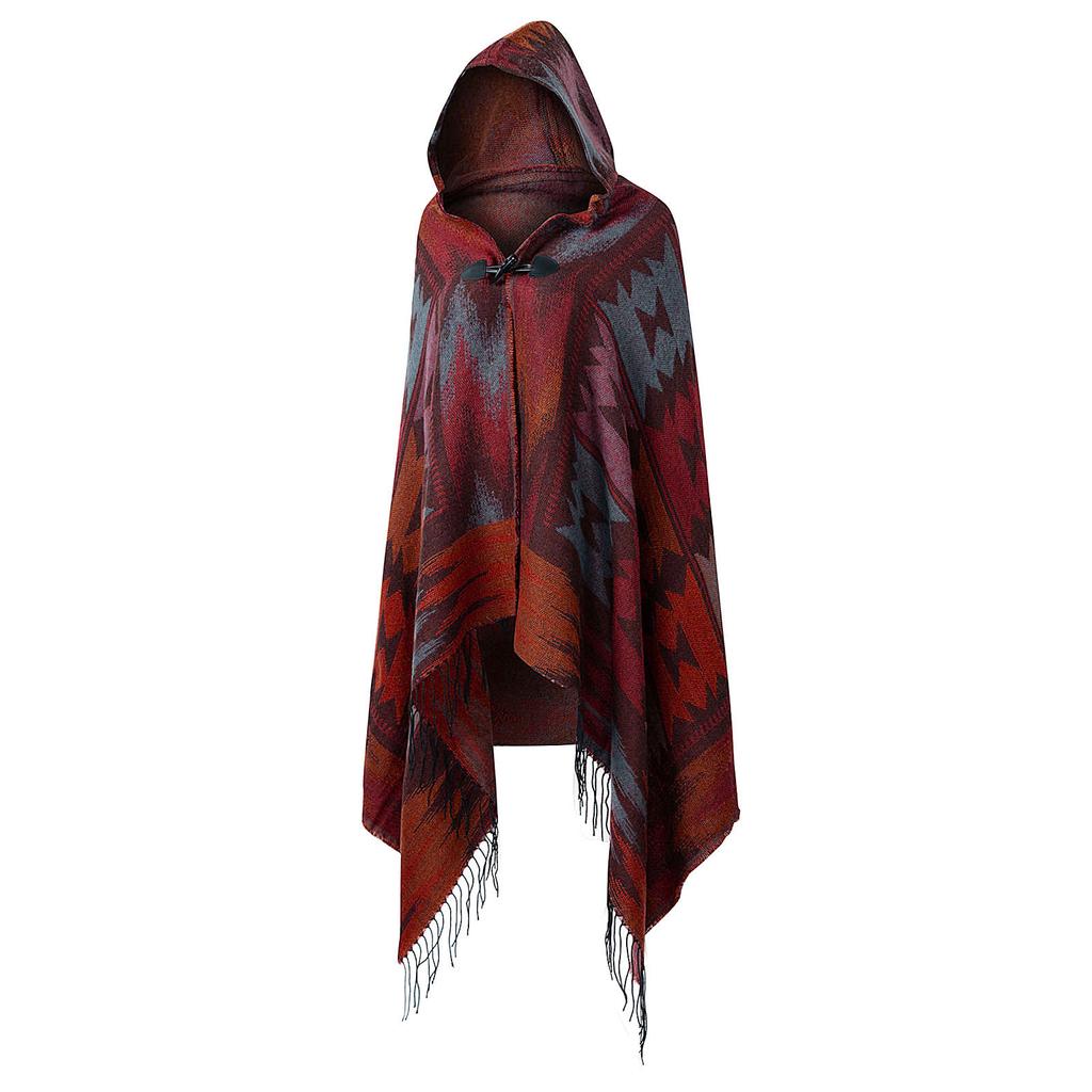 Vintage Women Autumn Hooded Cloak Geometric Buckle Tassel Warm Bohemian Casual Poncho