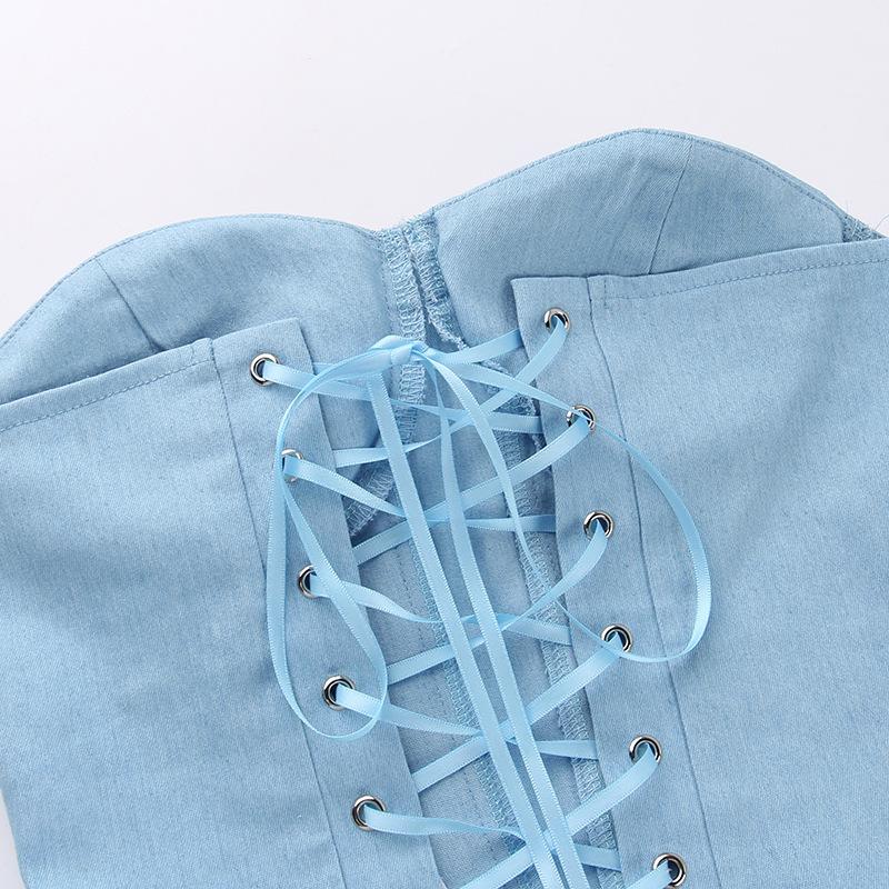 Женский модный топ с чашками из искусственного денима, топ Spice Girl с поясом на талии, топ с бюстом