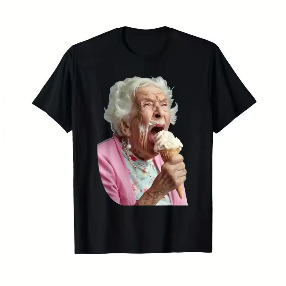 New Womens Fun Grandma Licking Ice Cream T-shirt Classic Version Soft and Comfortable High-quality Fabric