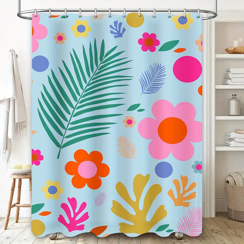 Яркая цветочная шторка для душа, смелые розовые цветы, зеленые листья на нежно-голубом фоне, современный декор для ванной комнаты для комнаты девочки, водонепроницаемая