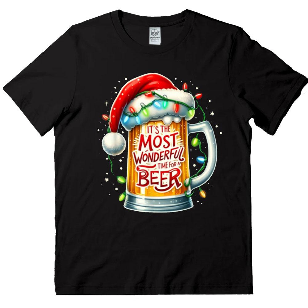 Funny Santa Claus Drinking Beer Wonderful Time Christmas TShirt High Quality Loose Casual Cotton T Shirt Man Clothes