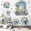 Cartoon Cat Flowers Potted Plants Wall Stickers Fake Windows Warm Bedside Bedroom Decorative Decal Stickers Wallpaper