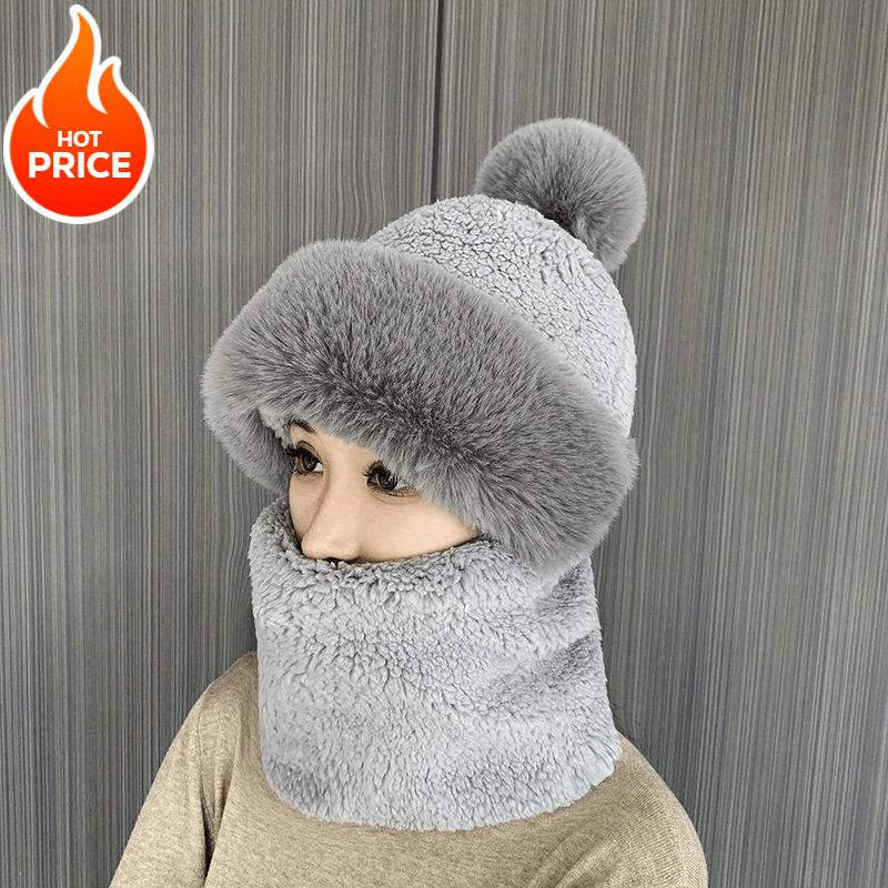 Winter Scarf Set Hooded for Women Plush Neck Warm Outdoor Ski Windproof Hat Thick Plush Fluffy Beanies