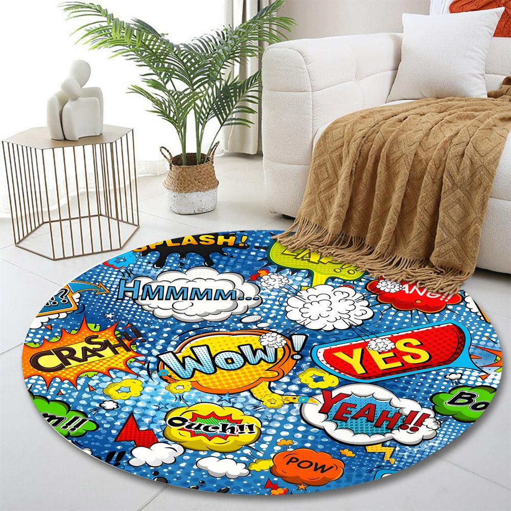 Comic Style Pop Art Speech Bubbles Print round rug, living room, bedroom, playroom carpet, non slip floor mat, gift