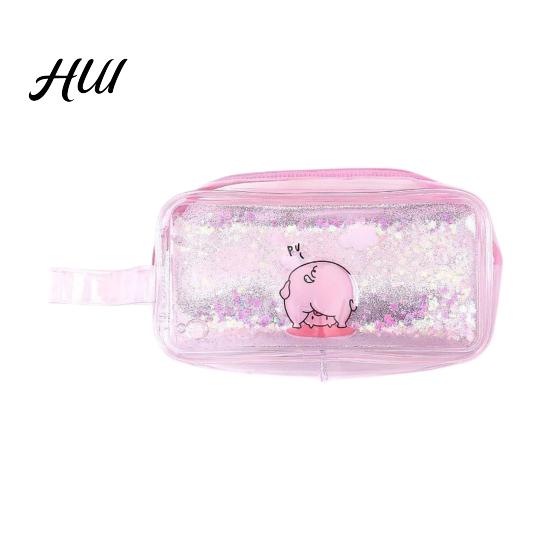 Cute Cartoon Pencil Case Shiny Transparent PVC Makeup Bag Waterproof Travel Cosmetic Wide Edge Storage Pouch Glitter Sequin for Pens Brushes Quicksand