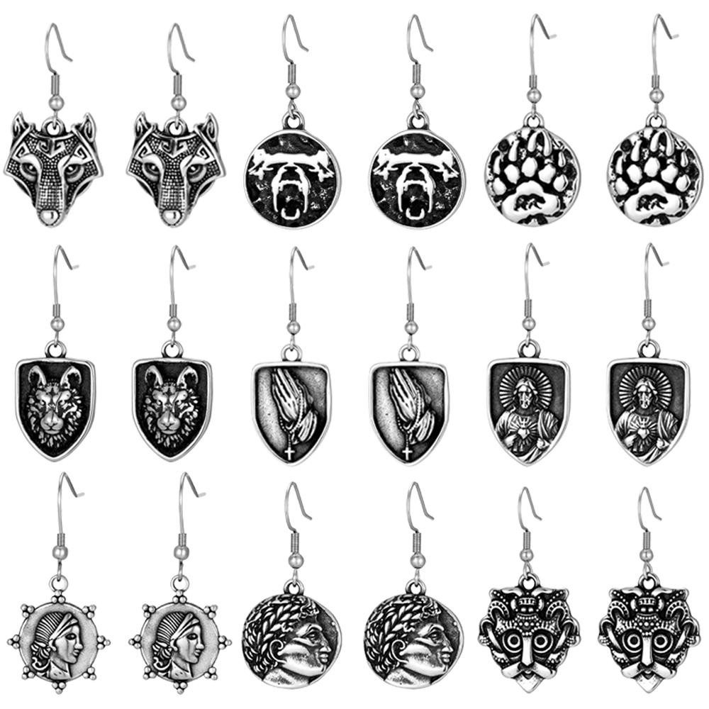 Vintage Norse Loki Earrings Stainless Steel Vikings Mask Odin Amulet Punk Jewelry for Women Men