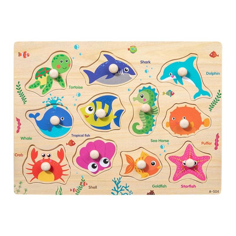 Wooden Farm Animals Marine Life Puzzle For Children Aged 3-6 Years Old Pegs Puzzle Hand Game