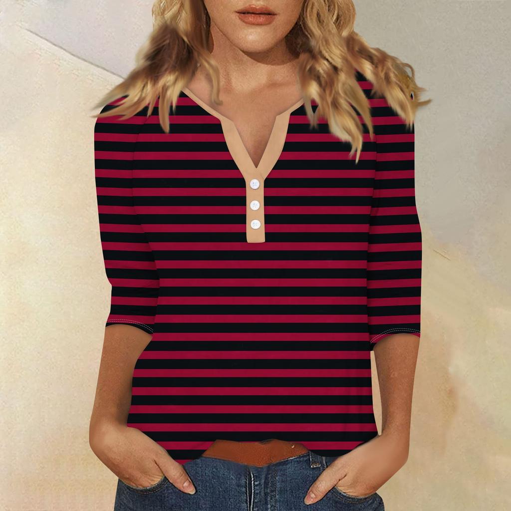 Жен. Футболка Футболка С принтом Пуговицы Рукав 3/4 Повседневные Выходные Мода Классический Классический V-образный вырез Обычный Верх