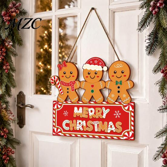 Xmas Home Entrance Sign Christmas Gingerbread Man Wooden Hanging for Front Door, Merry Photo Background Prop Plaque with Lanyard, Holiday Wall
