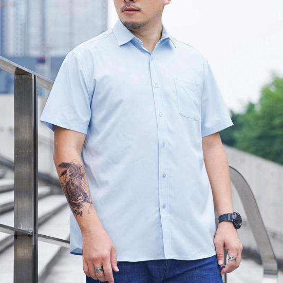 Lapel Short Sleeve Solid Color Plus Size Men Shirt Single Breasted Causal Loose Solid Color Work Shirt Streetwear