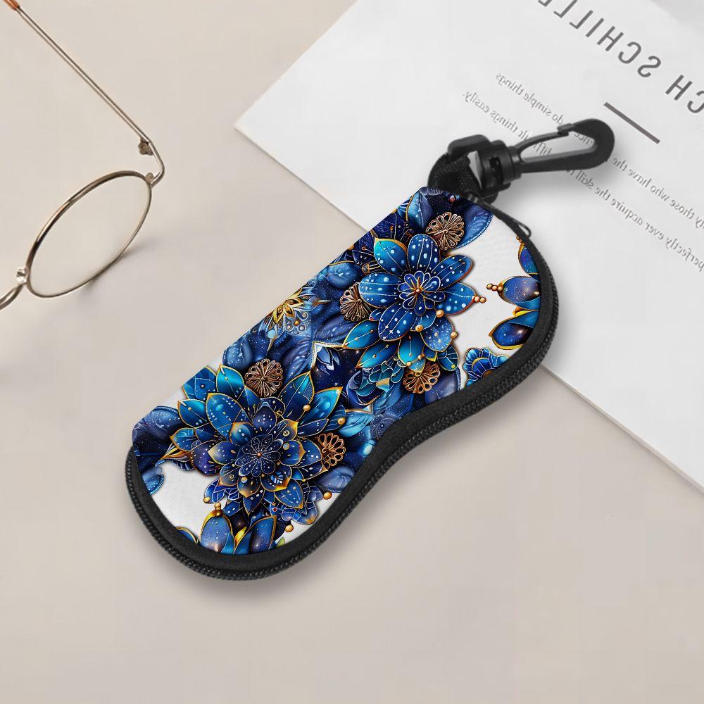 2D-Vintage Blue Floral Mandala Pattern Zipper Sunglasses Case, Protective Eyeglasses Holder Box for Women, Portable Travel Eyewear Organizer Gift