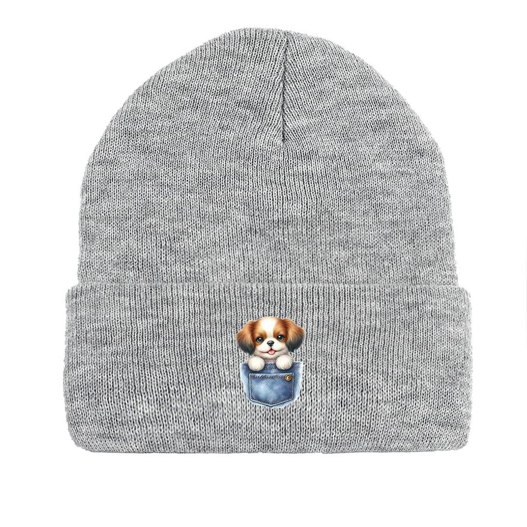 Cartoon Dog Pocket Warm Knitted Cap Beanie, Animal Woman Cap Cozy Candy Color Solid Color Pompom Beanies Knit Hat Beanie