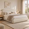 Upholstered bed, 160*200cm, hydraulic function bed, bed with slatted frame, headboard and large storage space, solid wood bed legs, beige chenille