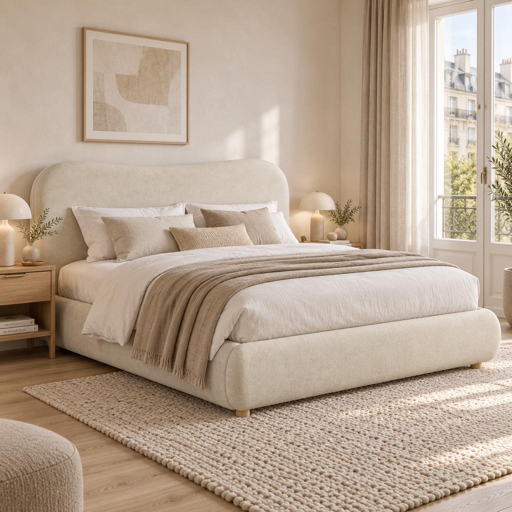 Upholstered bed, 160*200cm, hydraulic function bed, bed with slatted frame, headboard and large storage space, solid wood bed legs, beige chenille