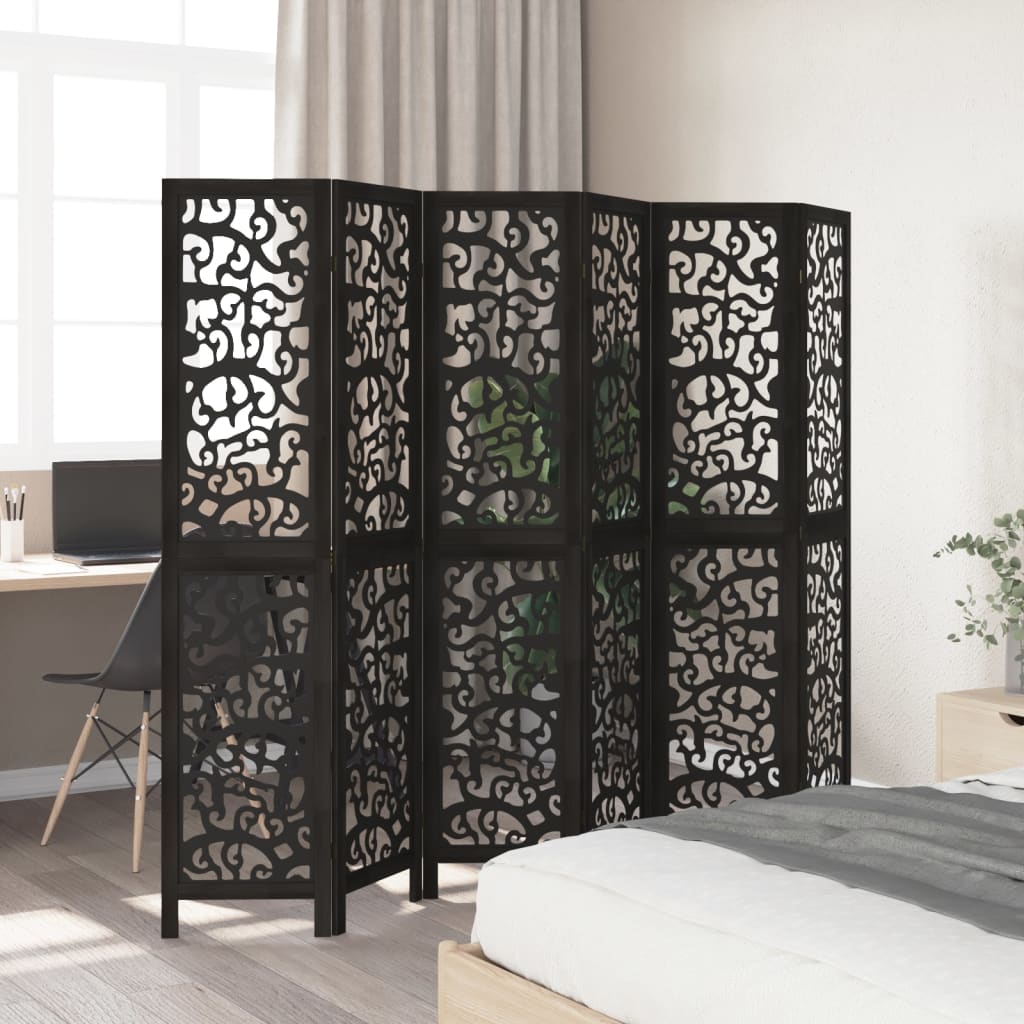 6 Piece Black Folding Screen Solid Paulownia Wood