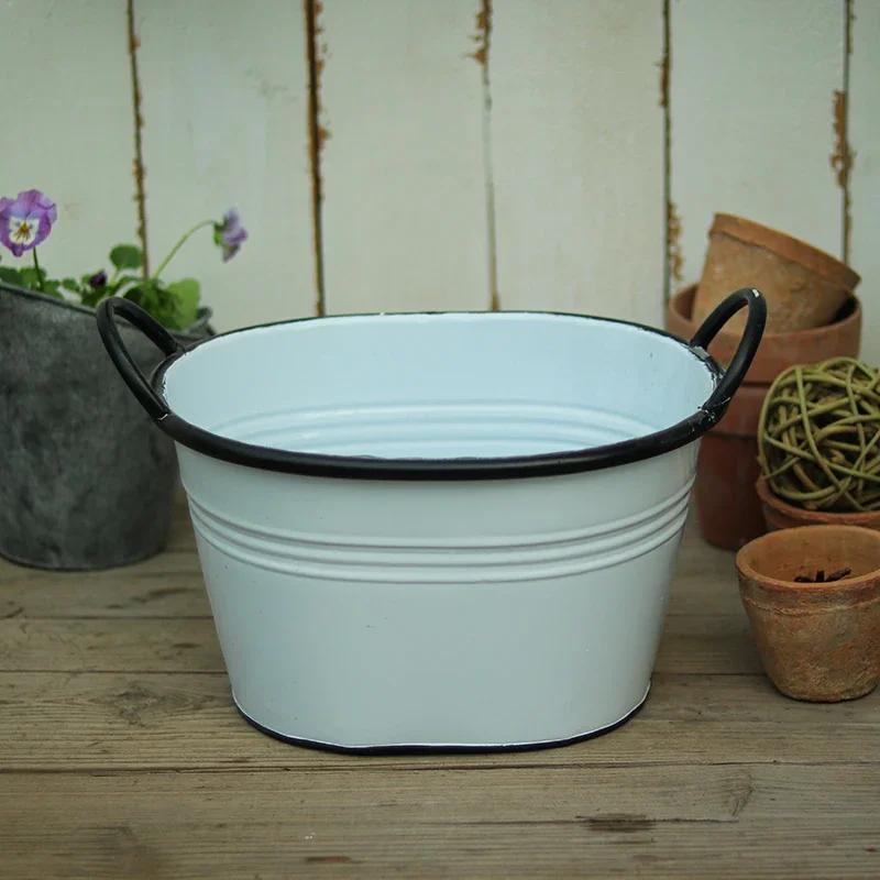 Белое Металлическое Железное Ведро с Двойными Ручками Посадочные Вазы Овальный Цветочный Горшок Декор для Дома Сада Двора Балкона Украшение