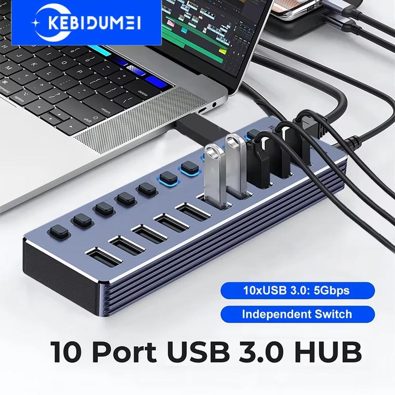 USB-концентратор на 10/7 портов, USB 3.0 5 Гбит/с, разветвитель, многопортовая док-станция с независимым переключателем, адаптер питания 12 В для ПК, ноутбука, планшетов