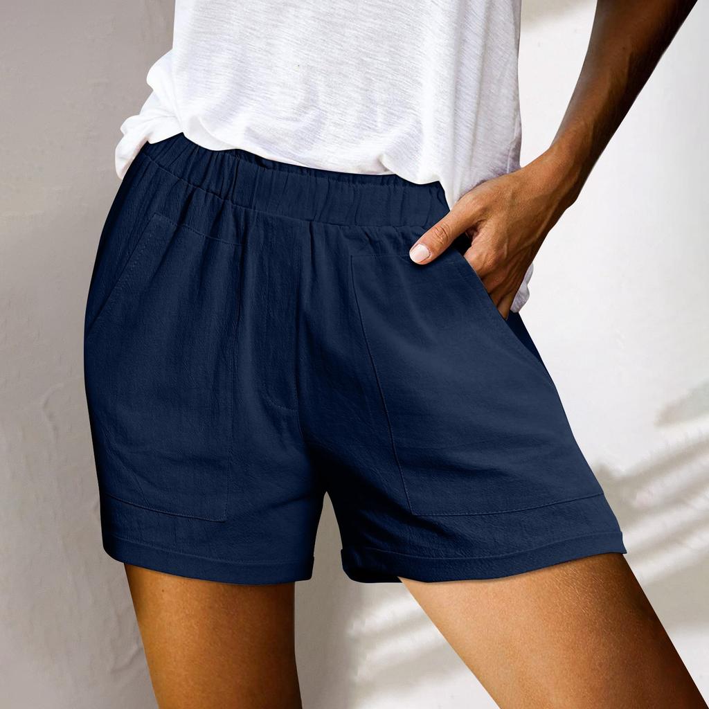Женские льняные шорты, повседневные широкие брюки, летние рабочие плиссированные шорты с эластичной резинкой на талии, пляжные шорты с карманами