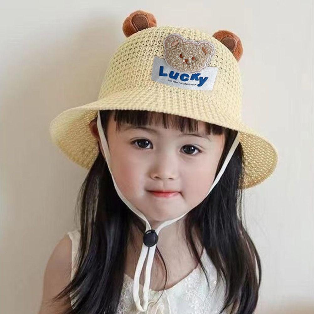 Sunshade Vacation Straw Hat With Lacing Kids Beach Caps Sunscreen Fisherman's Hat Girls And Boys