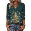 Women's Loose Comfortable Casual Fashion V-Neck Christmas Print 3/4 Sleeve Top