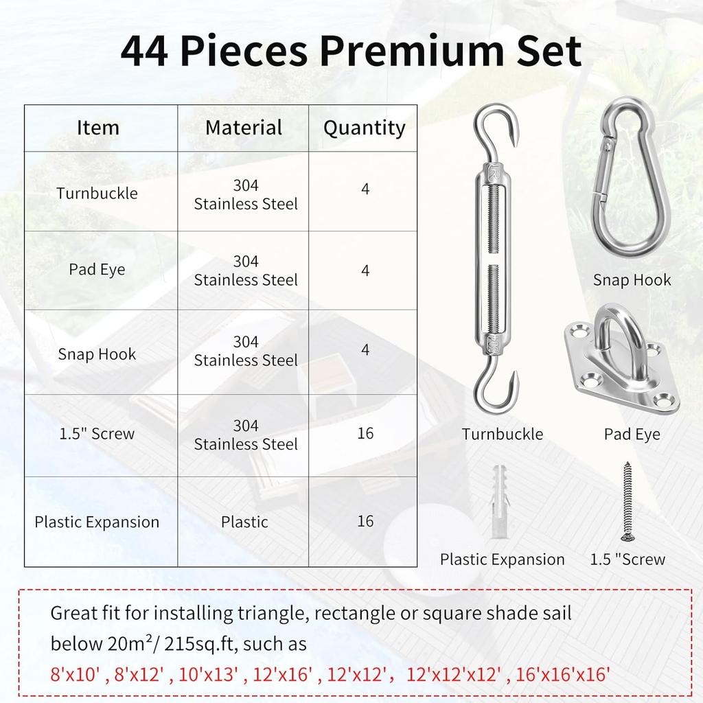SuShadSail Hardware Kit 6 Inch for Rectangle&Triangle Shade Sail Install, Stainless Steel ShadeSail Fixing Accessories for Outdoor Patio Canopy Garden