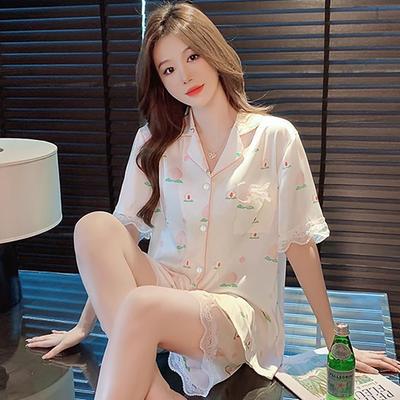 Персиковая летняя пижама из ледяного шелка, комплект с короткими рукавами, шелковая, прохладная, кружевная, домашняя одежда для девочки