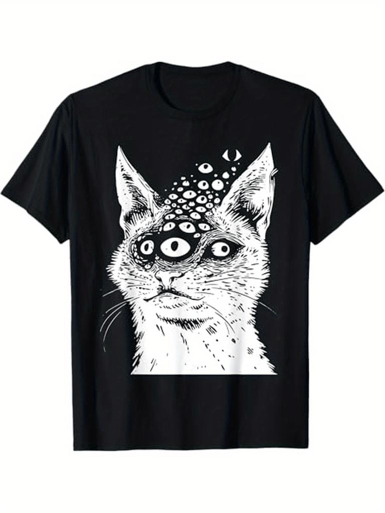 Unisexs Psychedelic Horror Gothic Bizarre Style Cat Garbage Rock Tshirt Retro Printed Top for Daily Wear Cat Themed Clothing
