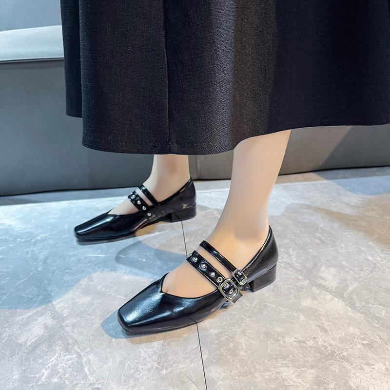 Fashion 2025 New Spring Autumn Women Double Buckle Shoes Leather Square Head Square Heel Solid Color Women's Shoes