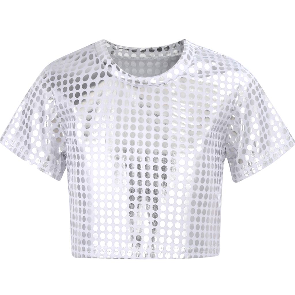 Boys Girls Sparkly Dance Crop Top Round Neck Short Sleeve Sequined Design for Performances