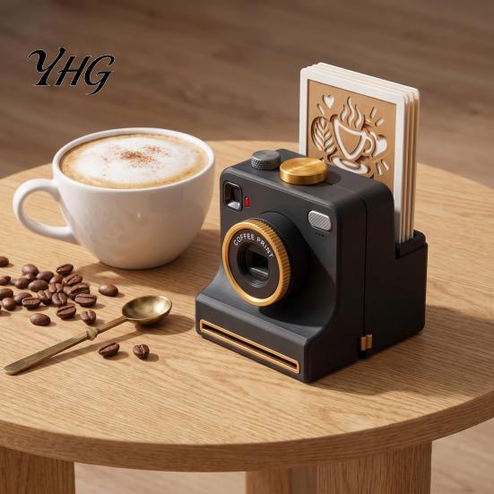 Beverage Topping Decorator 3D Printed Latte Art Camera, Manual Coffee Powder Printer with Retro Camera Design Tool Template Cards, Cocoa Cinnamon